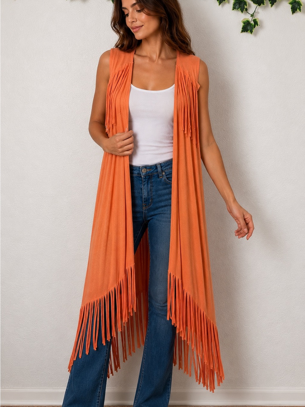 Boho Fringe Duster Vest Peach Orange Sleeveless Festival Cardigan XXL